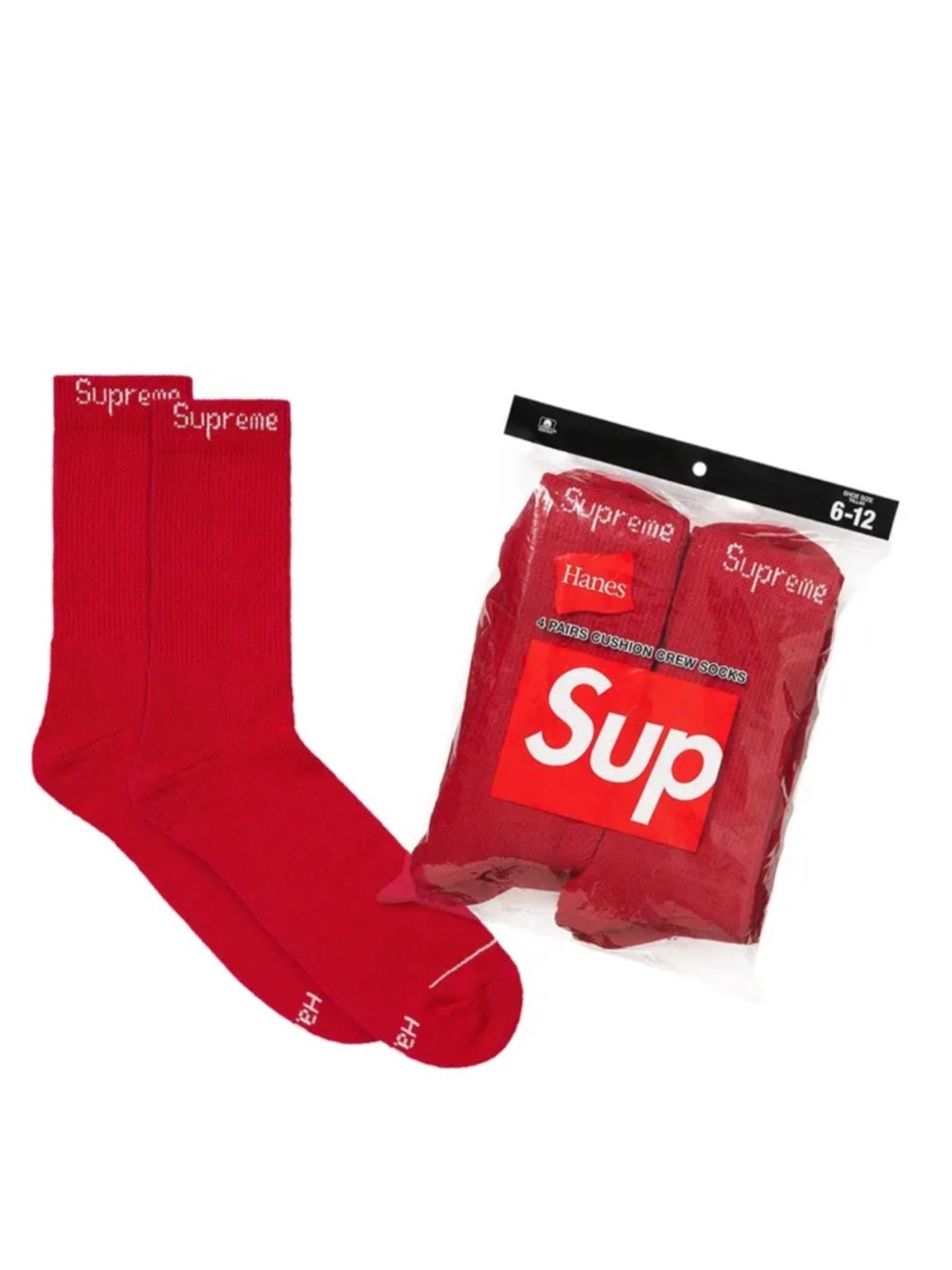 NEW 4 Pairs Supreme X Hanes Red Logo Crew Socks, Men’s Size 6-12